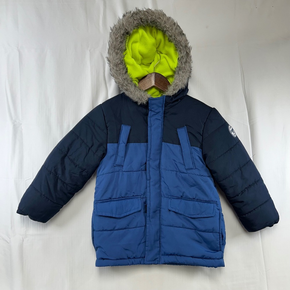 OshKosh Bgosh Puffer Jacket Kids M 5-6 Blue Colorblock Faux Fur Hood